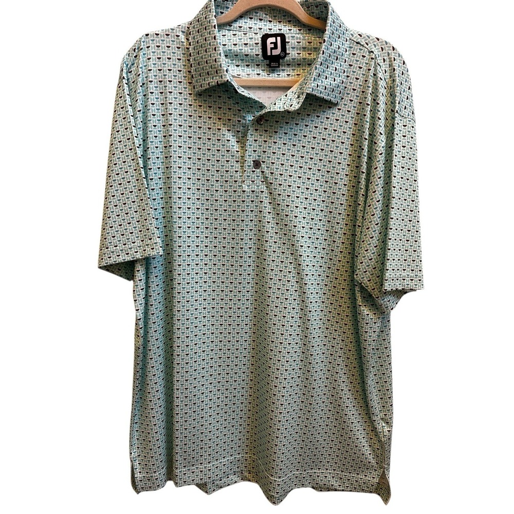 FootJoy Men's Lisle Performance Polo Golf Shirt Half Moon Geo Aqua Blue Sz‎ XL